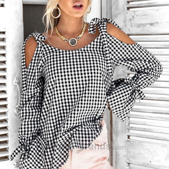 Cold Shoulder Gingham Checked Boho Peasant Blouse - Picture 2 of 4